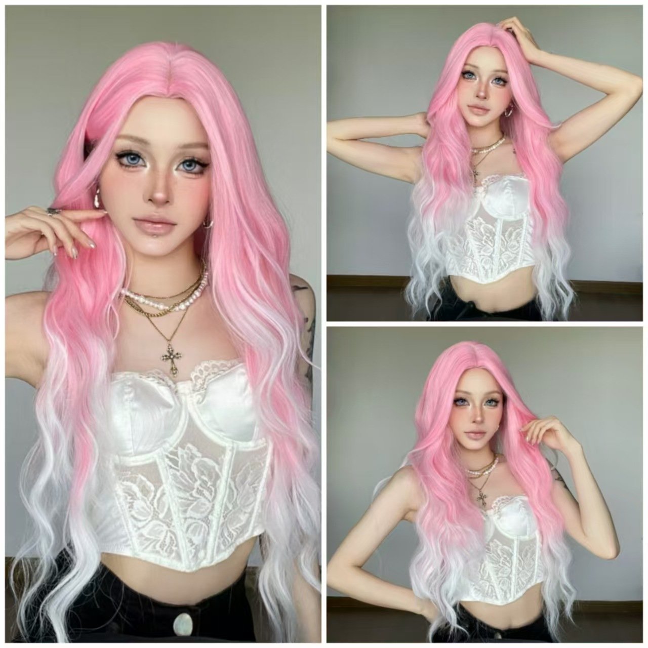 Gradient Pink Medium Water Ripple Long Curly Hair - siarwg