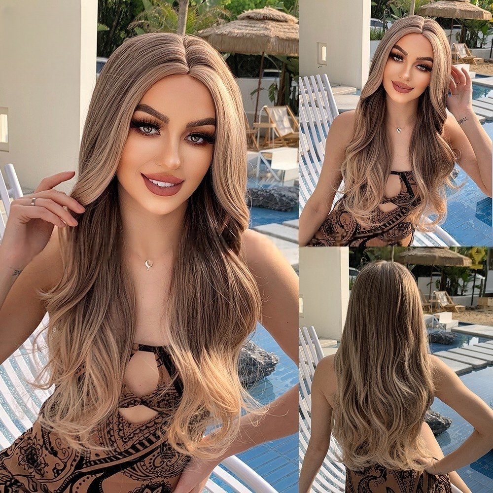 Brown Gradient Medium Long Curly Rose Net High Temperature Silk Wig Head Cover - siarwg