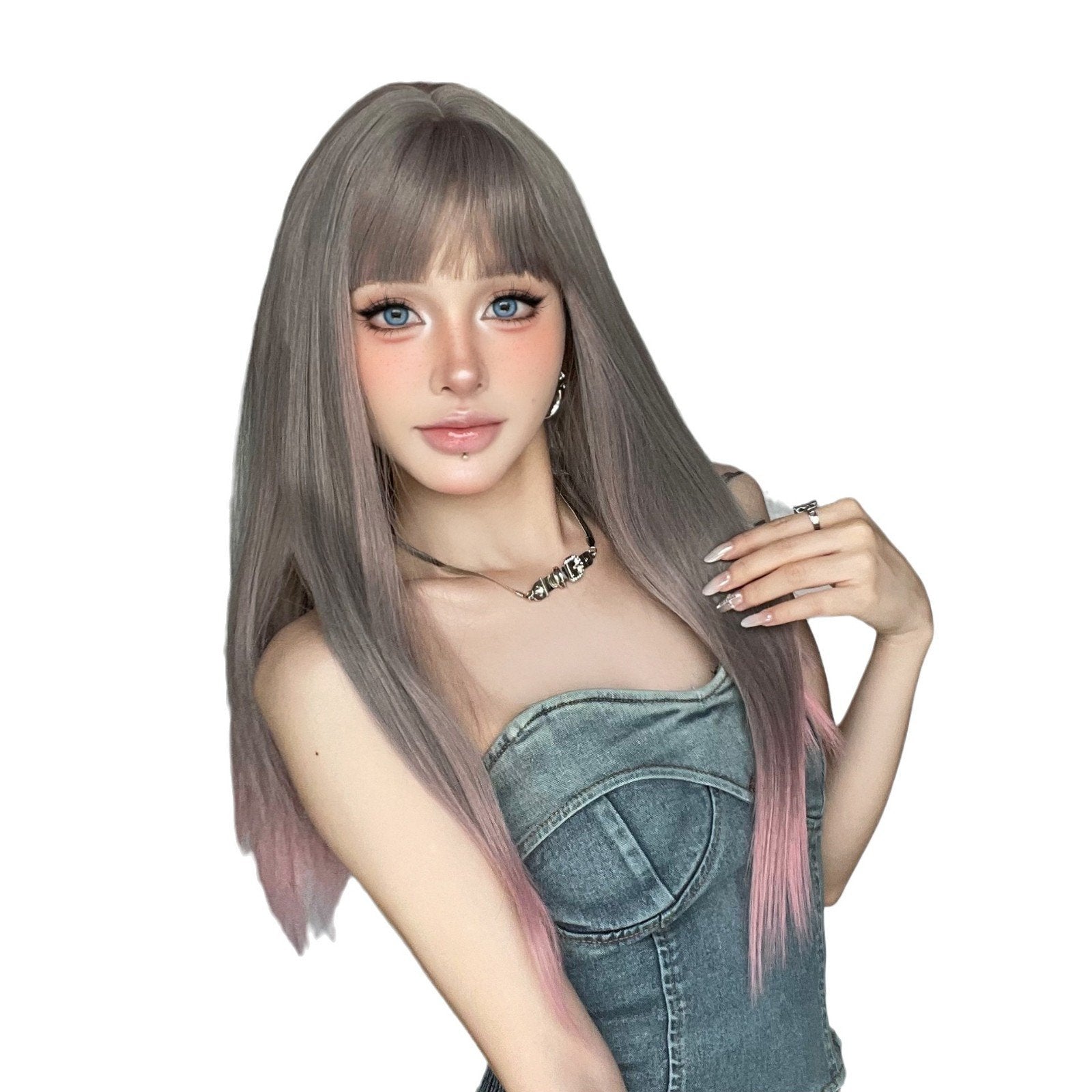 Gray-to-Pink Gradient Straight Wig with Bangs - siarwg