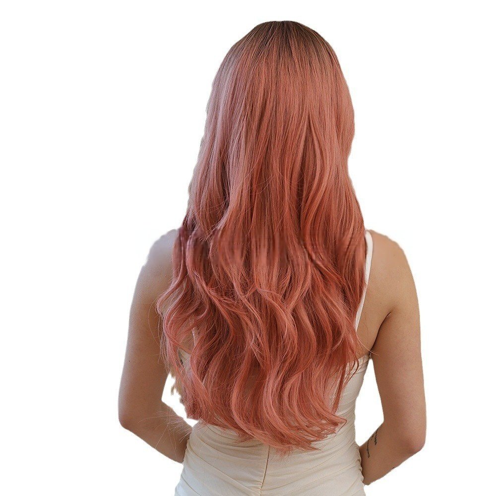 black gradient pink wig set with bangs big waves long curly hair - siarwg