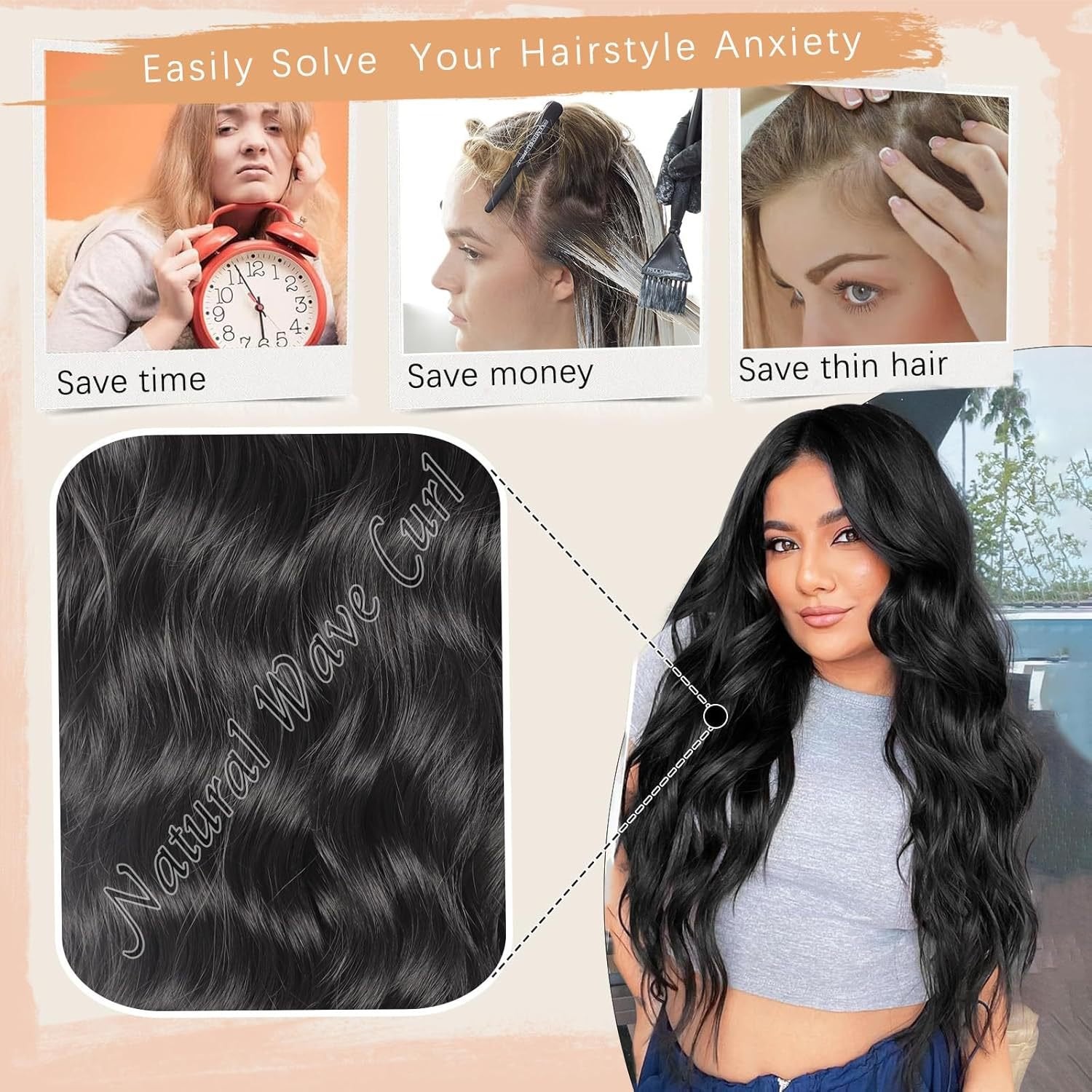 26-inch Lace Black Curly Hair Headgear for Women - Medium Long - siarwg