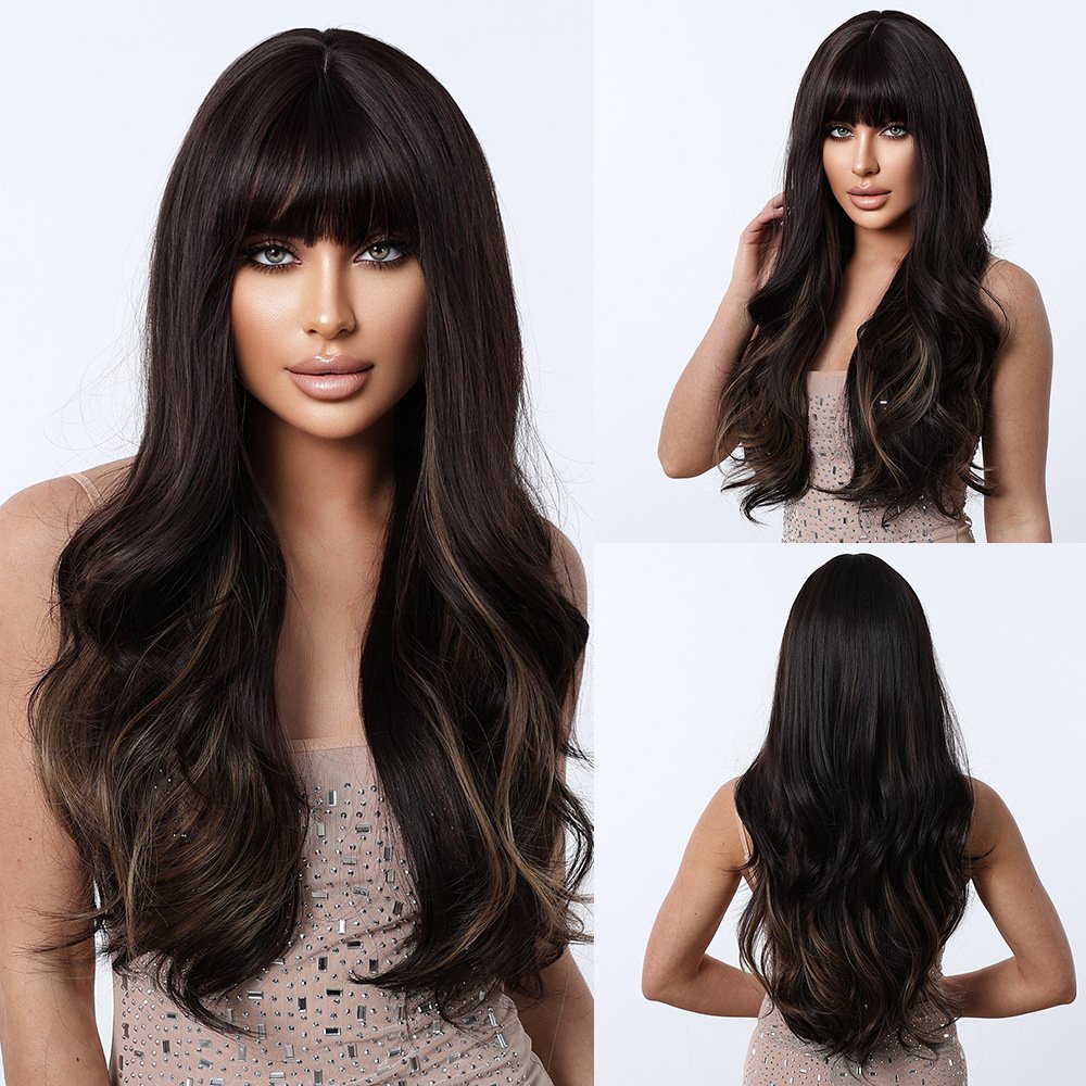 Black-to-Brown Curly Bangs Wig - siarwg