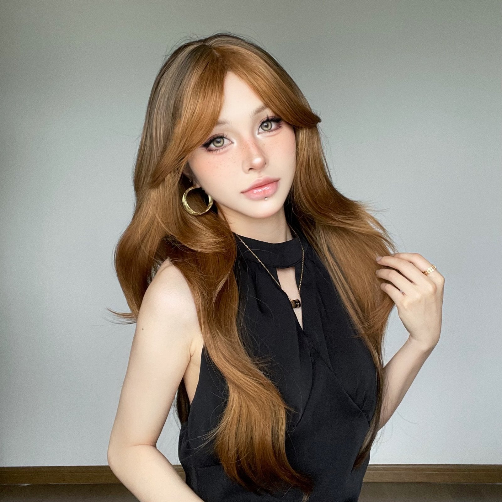 Gold Brown Long Curly Human Hair Wig - siarwg