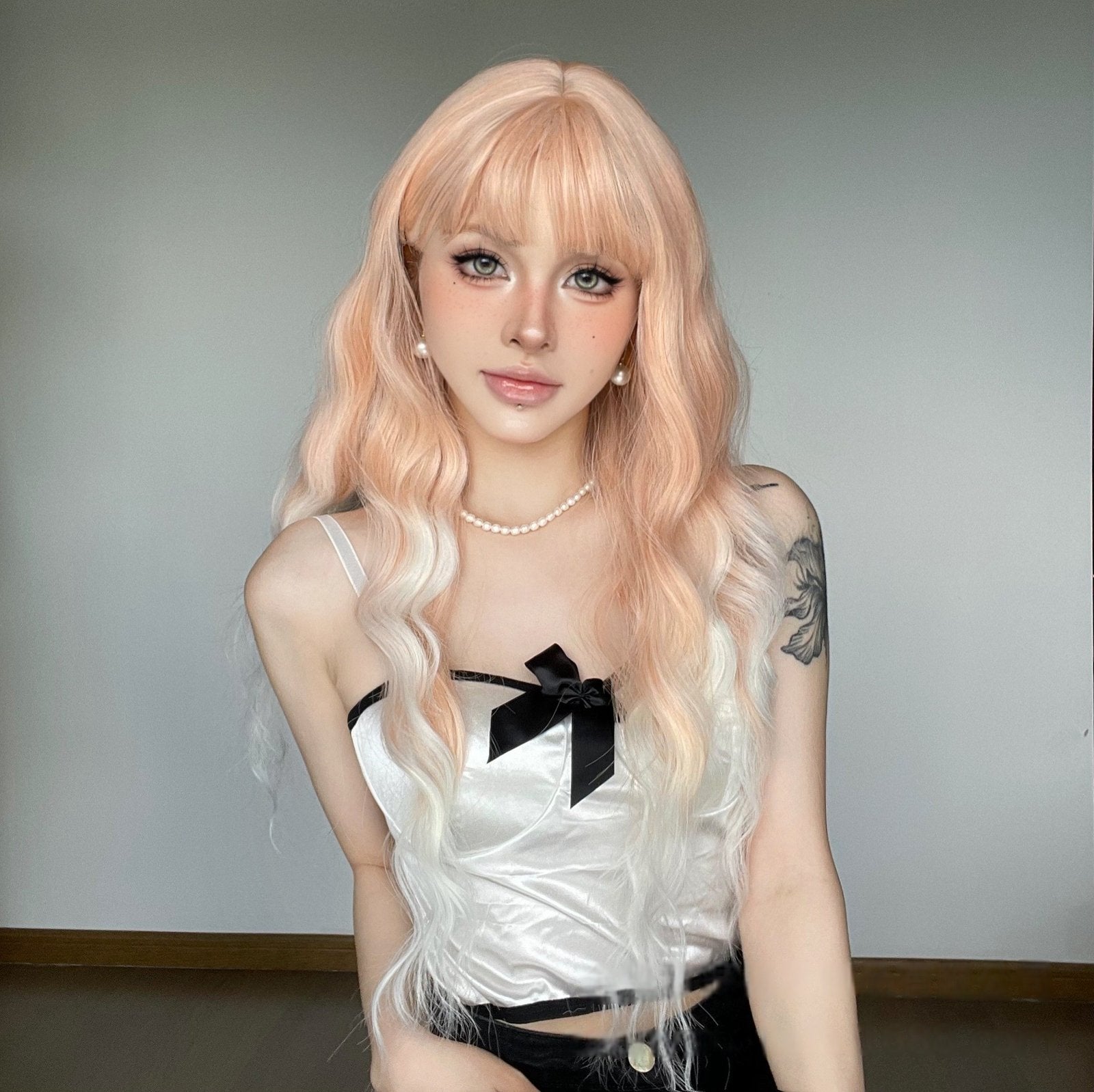 Lotus Pink Gradual Long Curly Hair with Red Air Bangs - siarwg