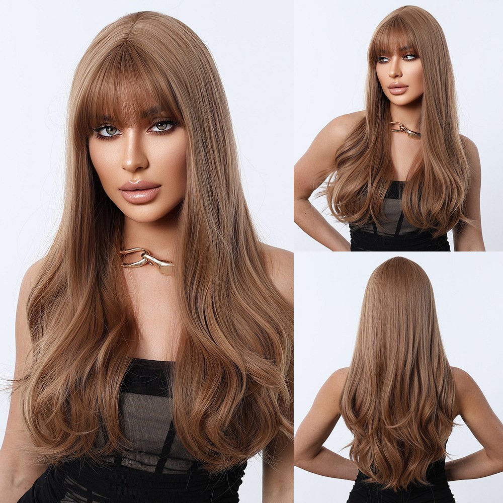 Brown Long Curly Wig with Bangs - siarwg