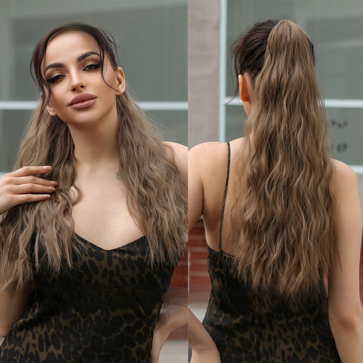 Adjustable Lace-Up High Ponytail with Water Ripple Curls & Voluminous Fluff - siarwg