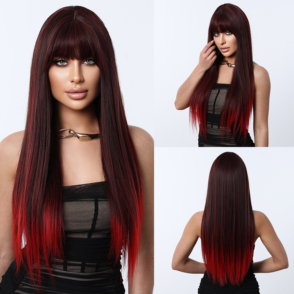 Black Gradient Red Wig Full Head Set - siarwg