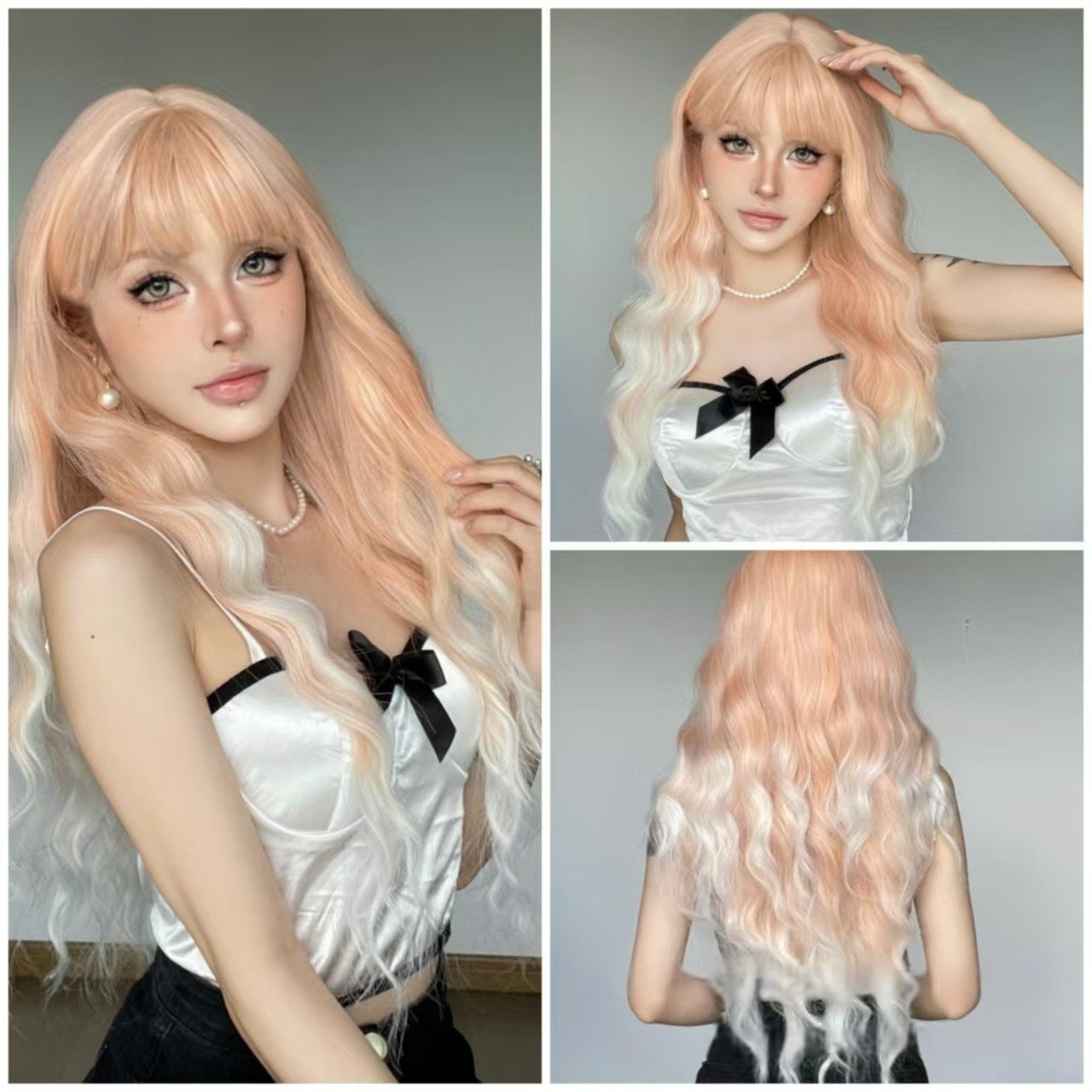 Lotus Pink Gradual Long Curly Hair with Red Air Bangs - siarwg