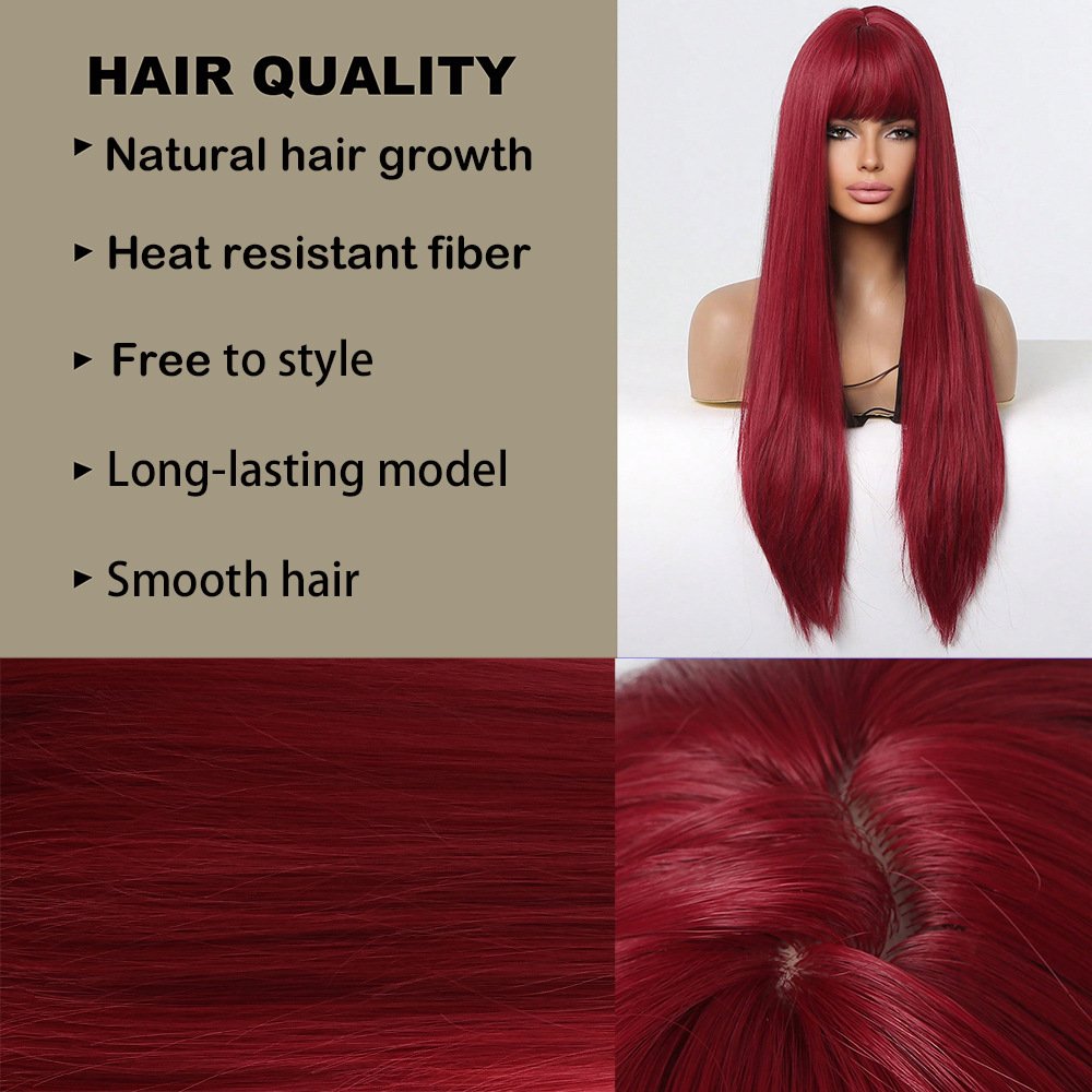 Red 26 Inch Straight Hair Shein with Long Bang - siarwg