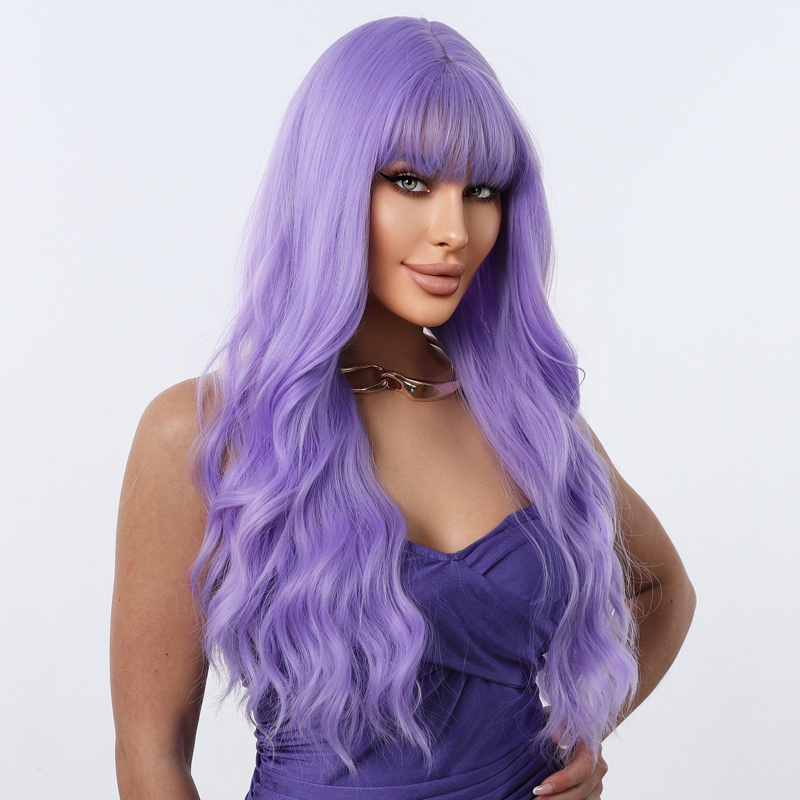 Vivid Purple Long Curly Wig with Bangs - siarwg