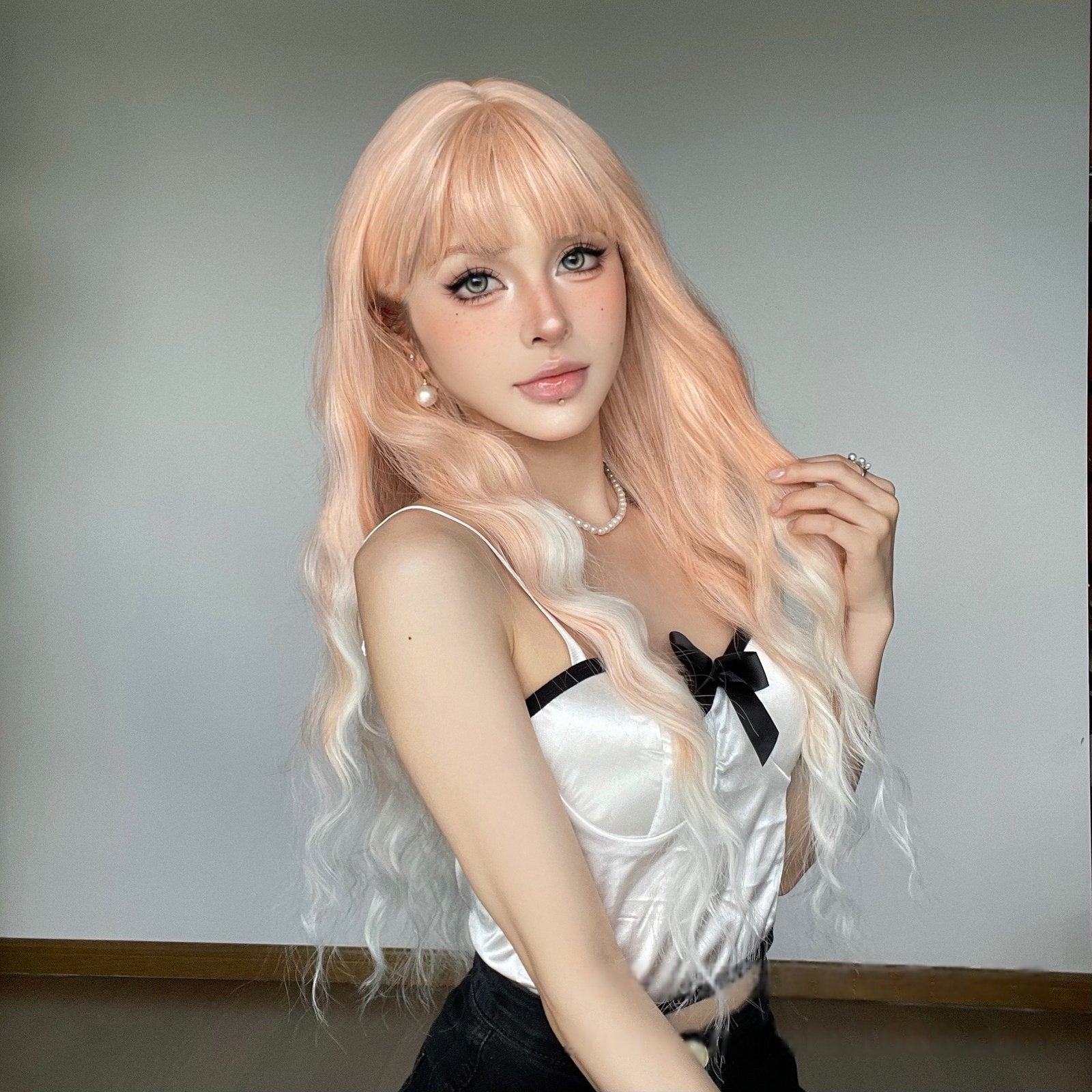 Lotus Pink Gradual Long Curly Hair with Red Air Bangs - siarwg
