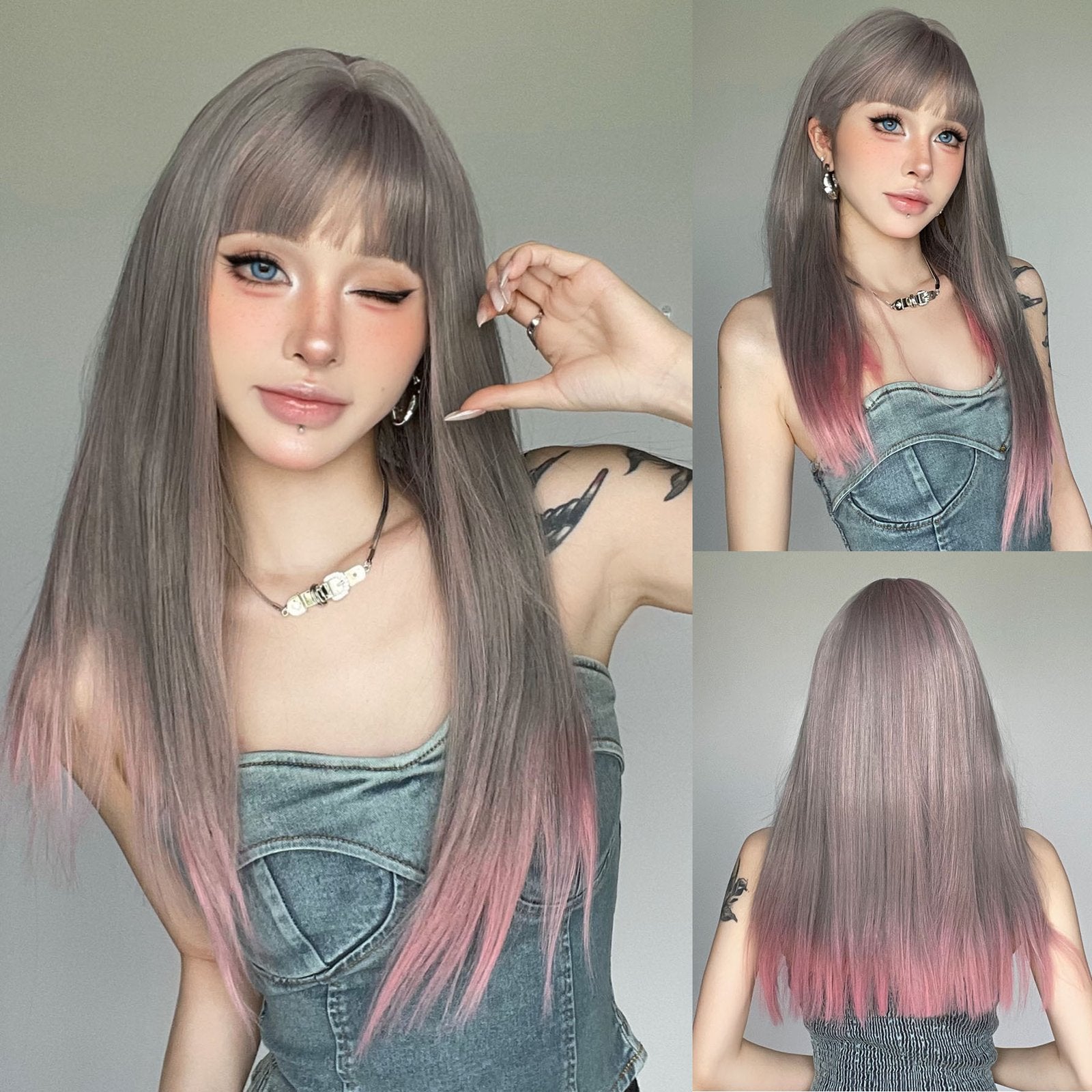Gray-to-Pink Gradient Straight Wig with Bangs - siarwg