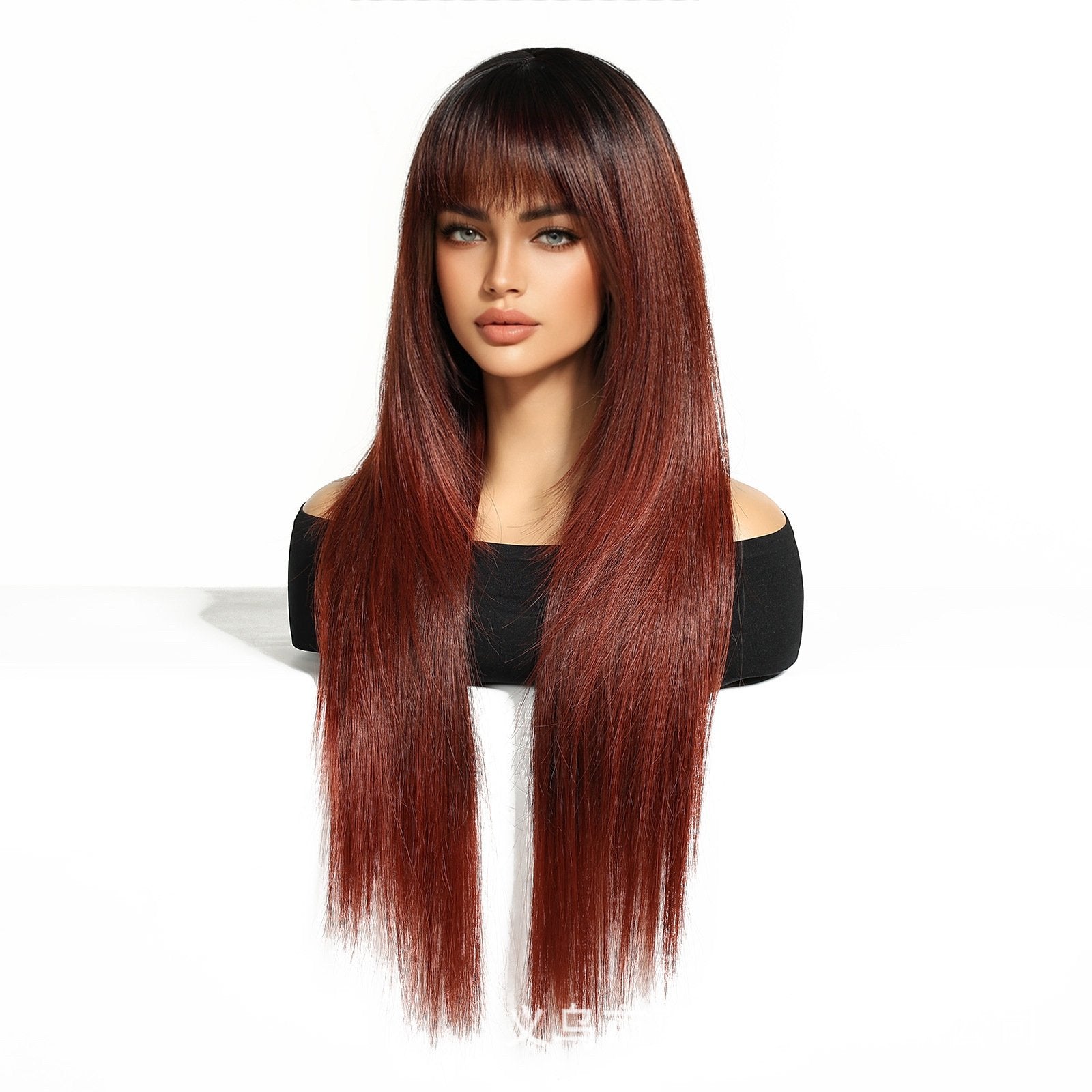 28" Silky Straight Hair with Air Bangs & Rose-White Gradation - siarwg