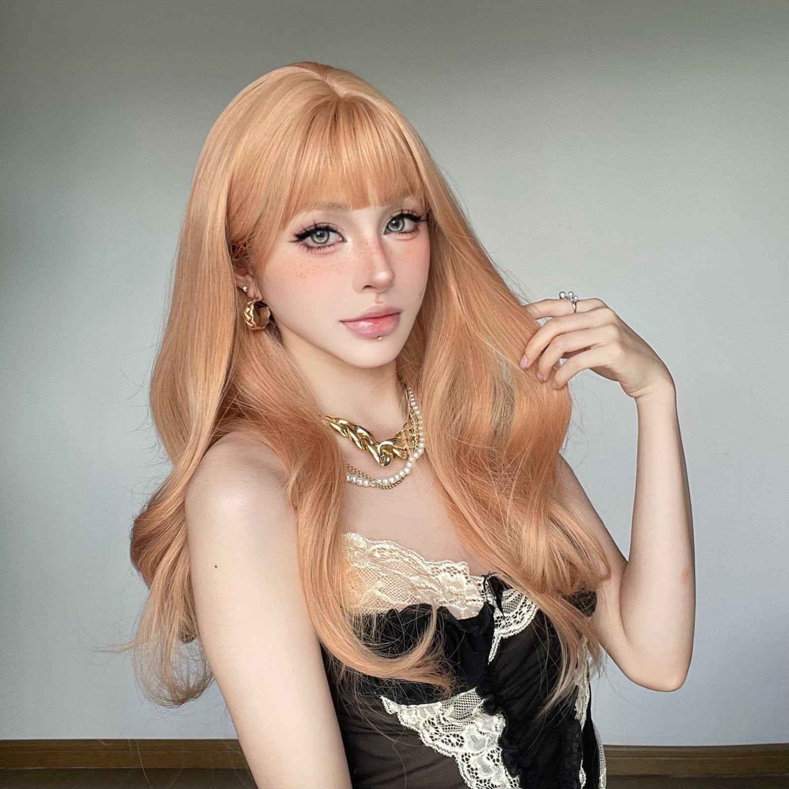 Orange Big Wave Long Curly Wig with Air Bangs - siarwg