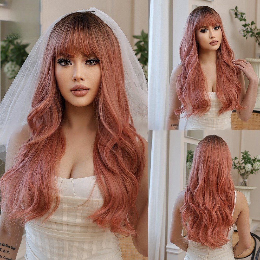 black gradient pink wig set with bangs big waves long curly hair - siarwg
