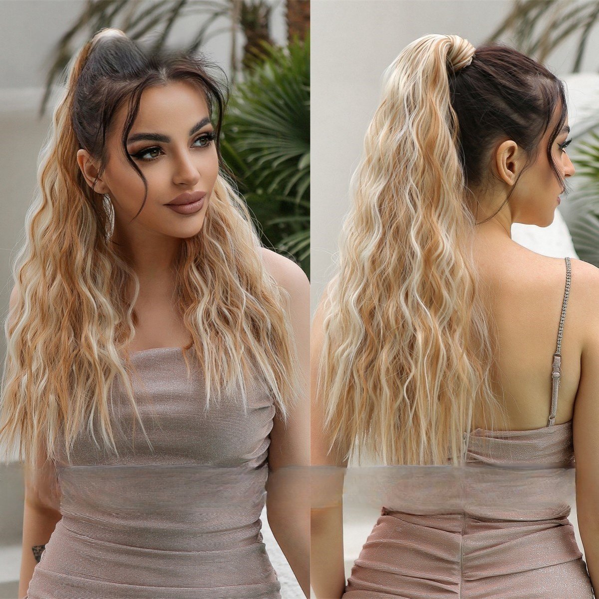 Adjustable Lace-Up High Ponytail with Water Ripple Curls & Voluminous Fluff - siarwg
