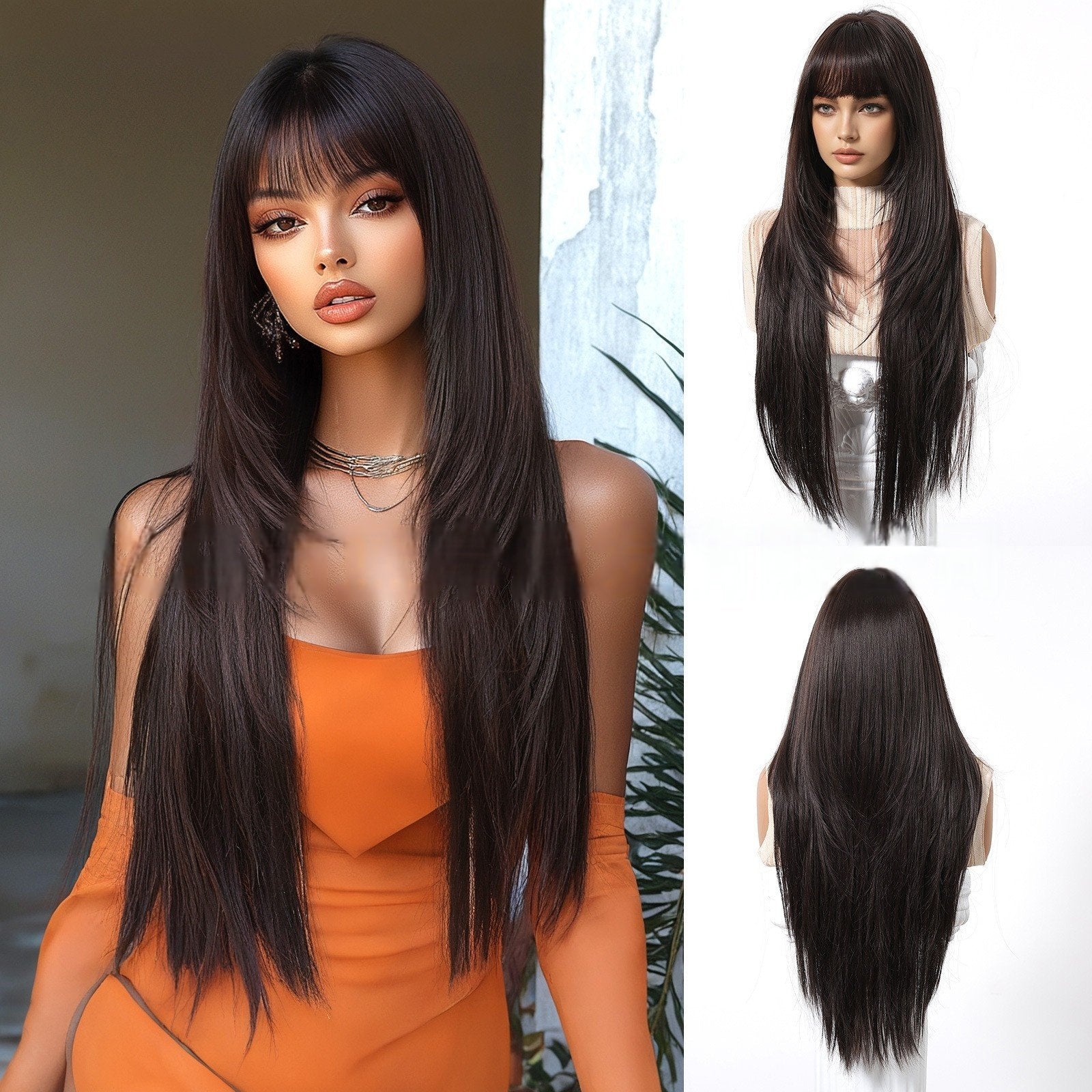 28" Silky Straight Hair with Air Bangs & Rose-White Gradation - siarwg