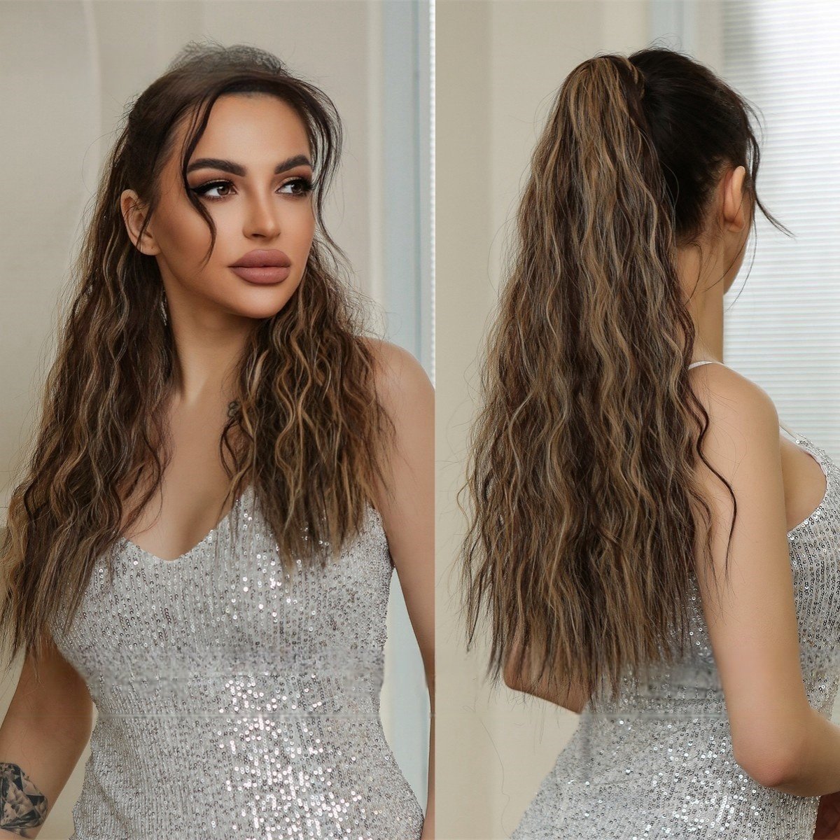 Adjustable Lace-Up High Ponytail with Water Ripple Curls & Voluminous Fluff - siarwg