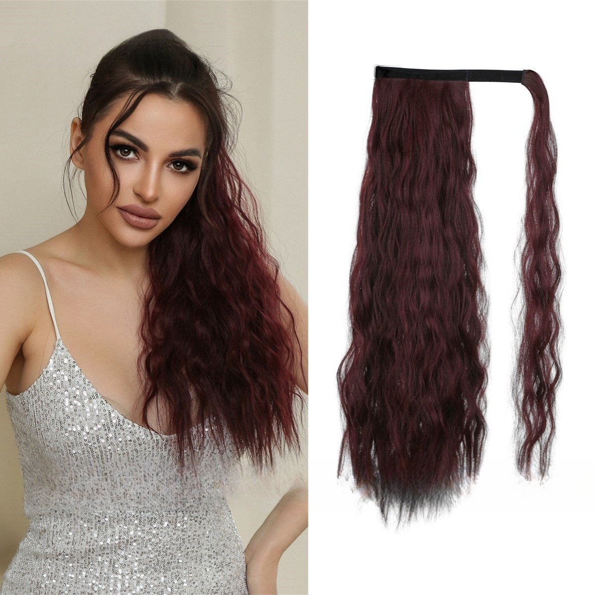 Adjustable Lace-Up High Ponytail with Water Ripple Curls & Voluminous Fluff - siarwg