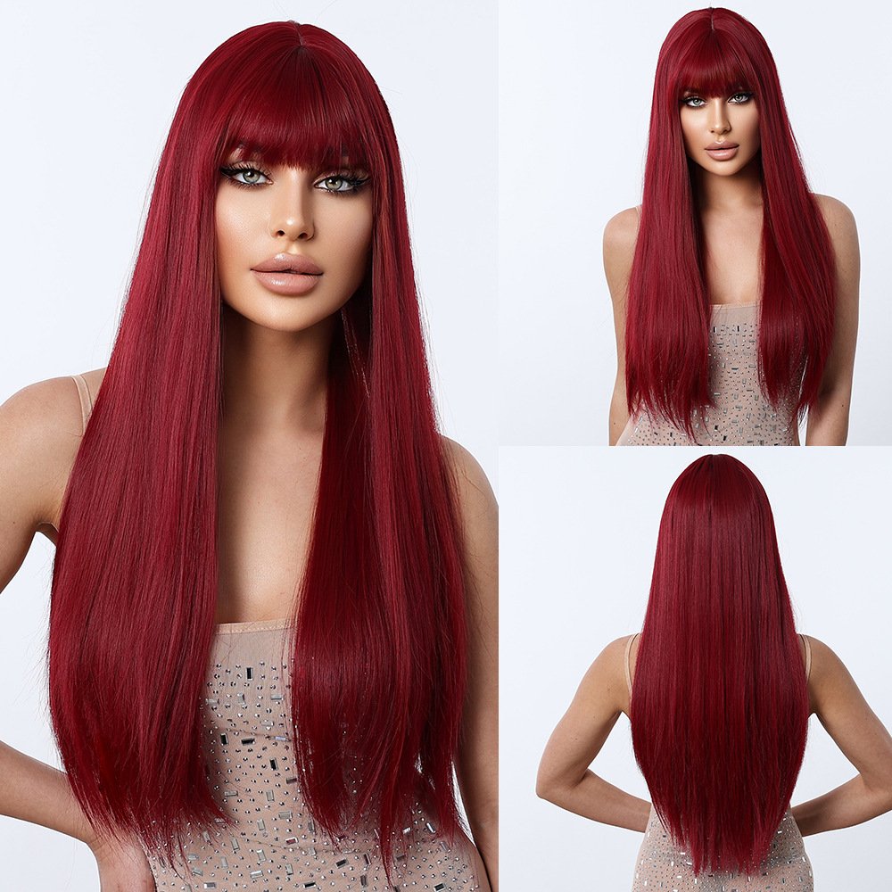 Red 26 Inch Straight Hair Shein with Long Bang - siarwg