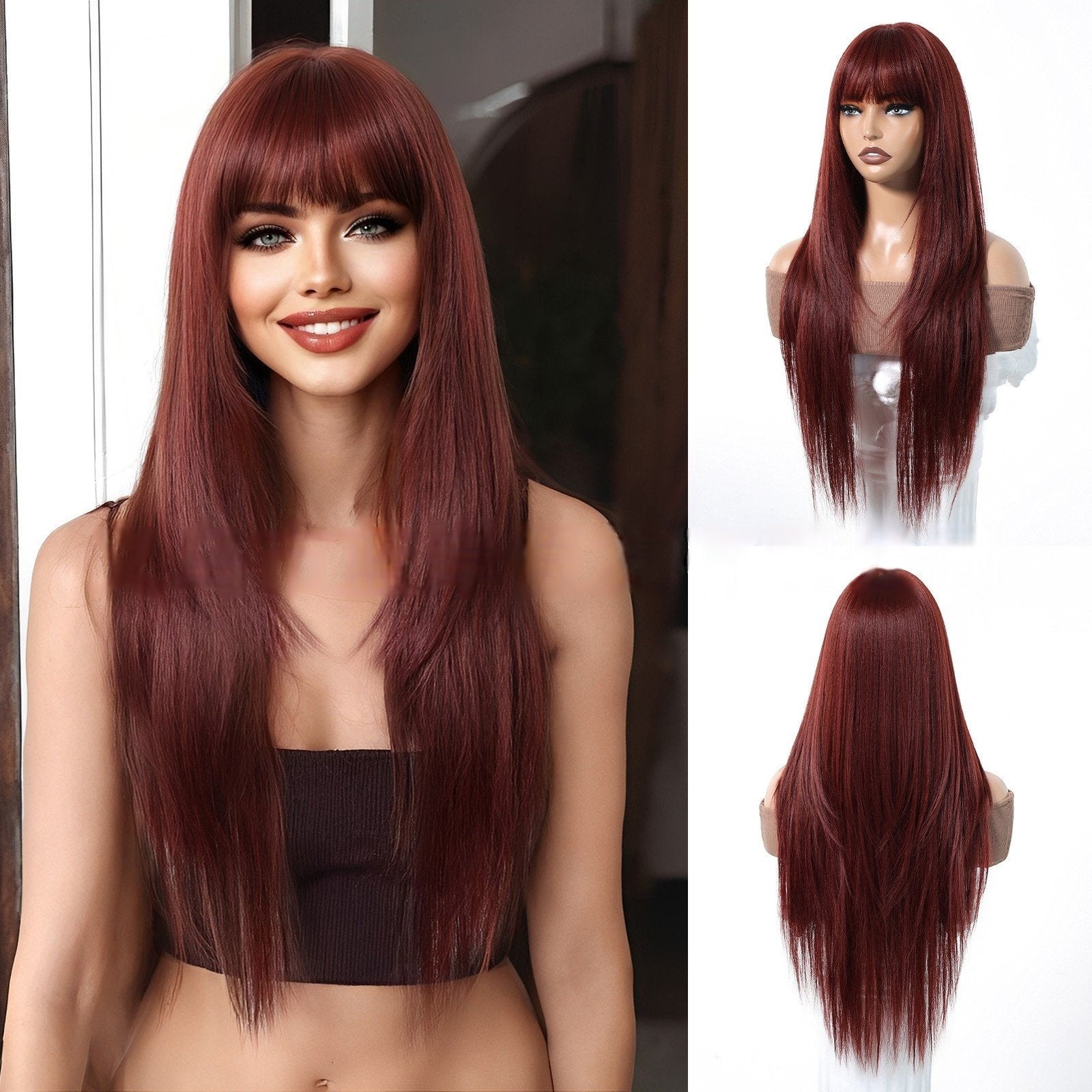 28" Silky Straight Hair with Air Bangs & Rose-White Gradation - siarwg