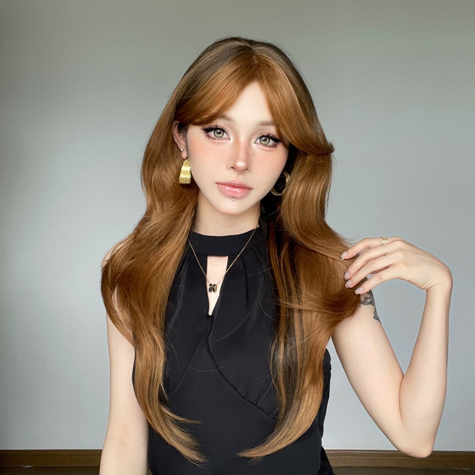 Gold Brown Long Curly Human Hair Wig - siarwg