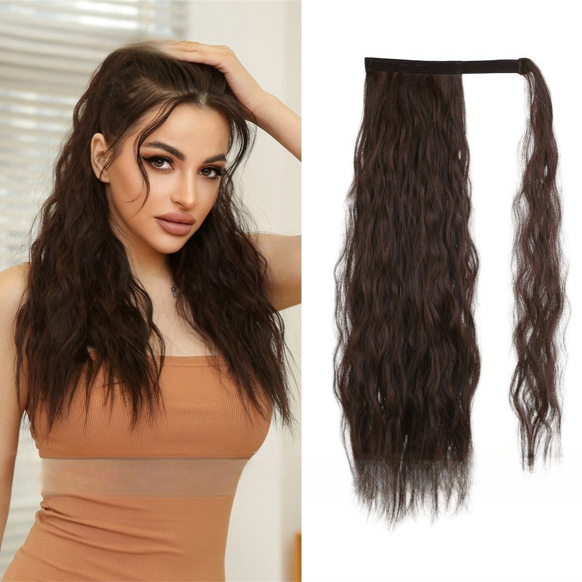 Adjustable Lace-Up High Ponytail with Water Ripple Curls & Voluminous Fluff - siarwg