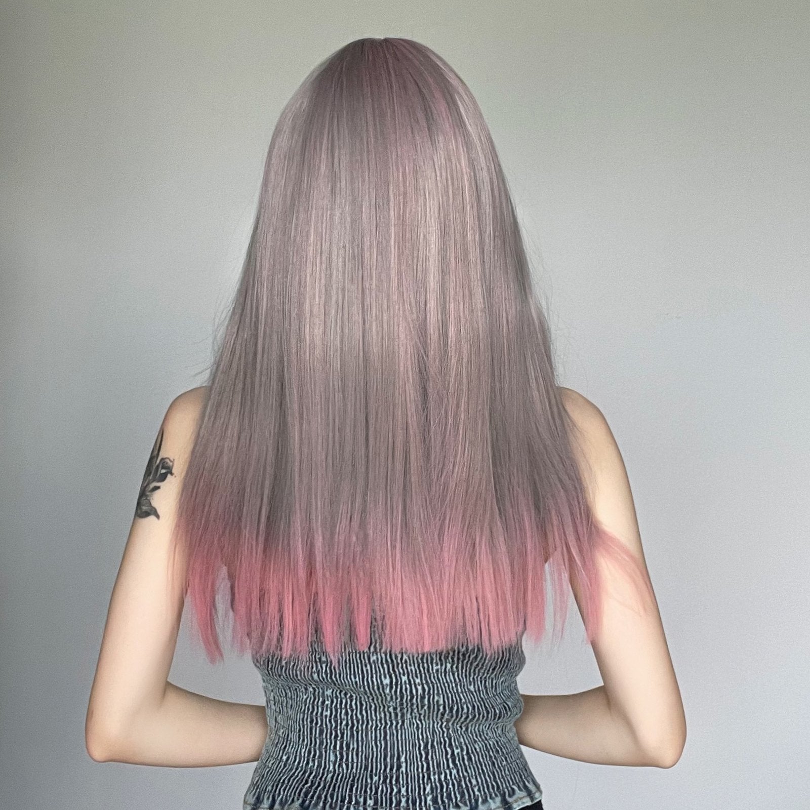 Gray-to-Pink Gradient Straight Wig with Bangs - siarwg