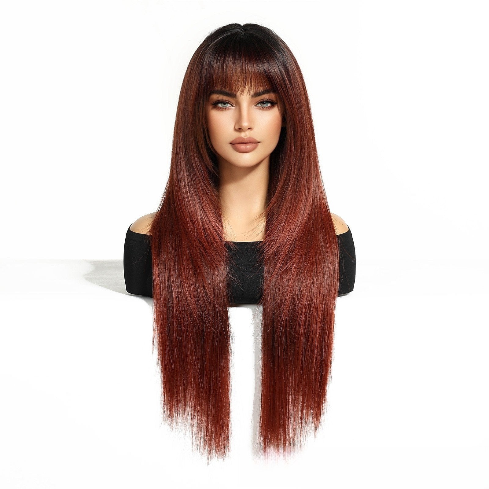 28" Silky Straight Hair with Air Bangs & Rose-White Gradation - siarwg