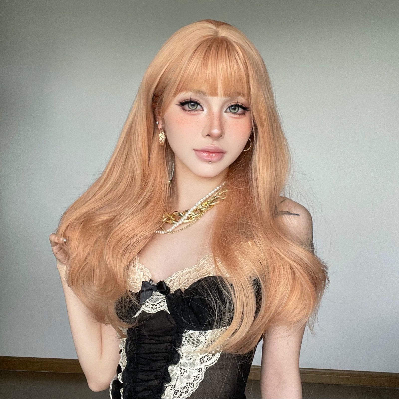 Orange Big Wave Long Curly Wig with Air Bangs - siarwg