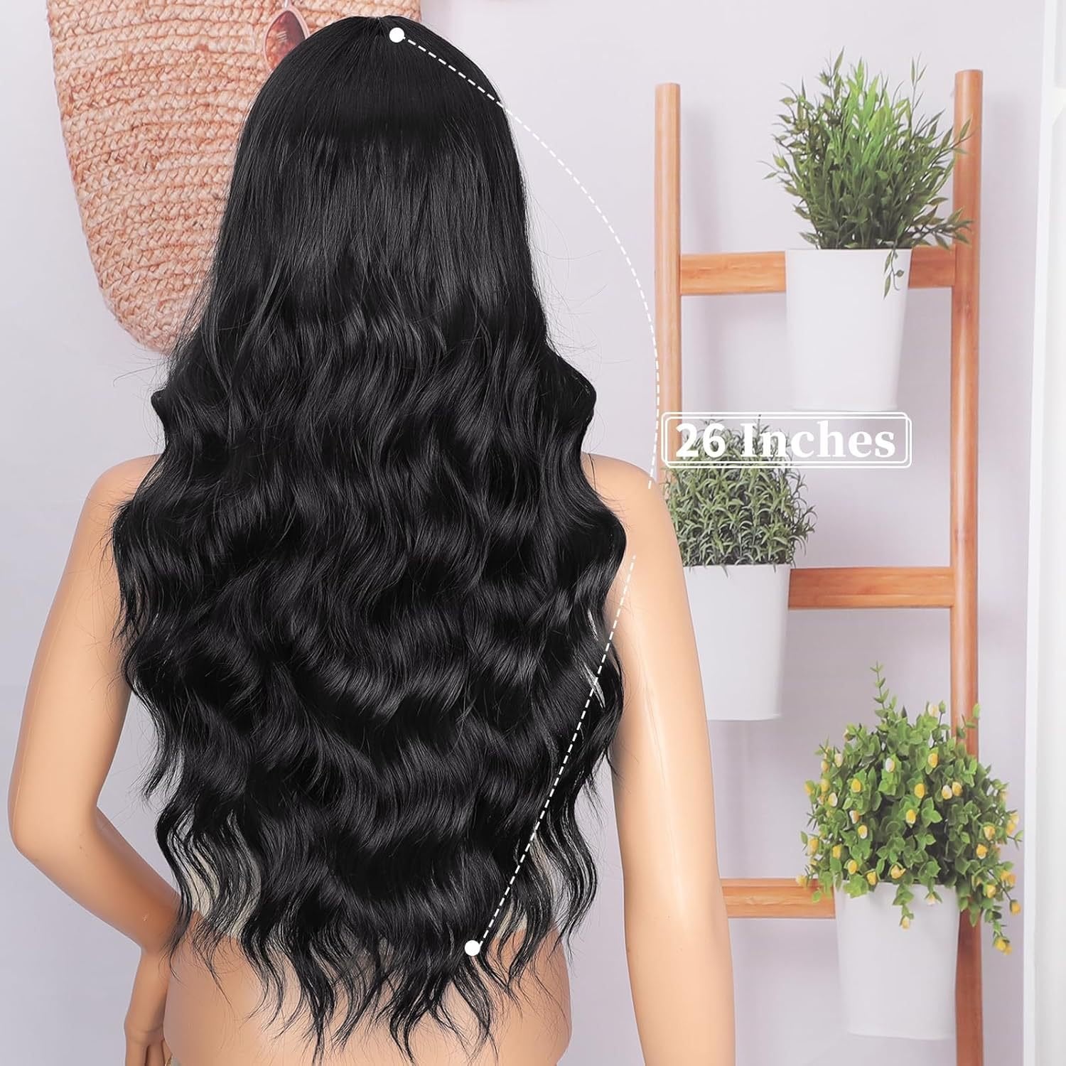 26-inch Lace Black Curly Hair Headgear for Women - Medium Long - siarwg