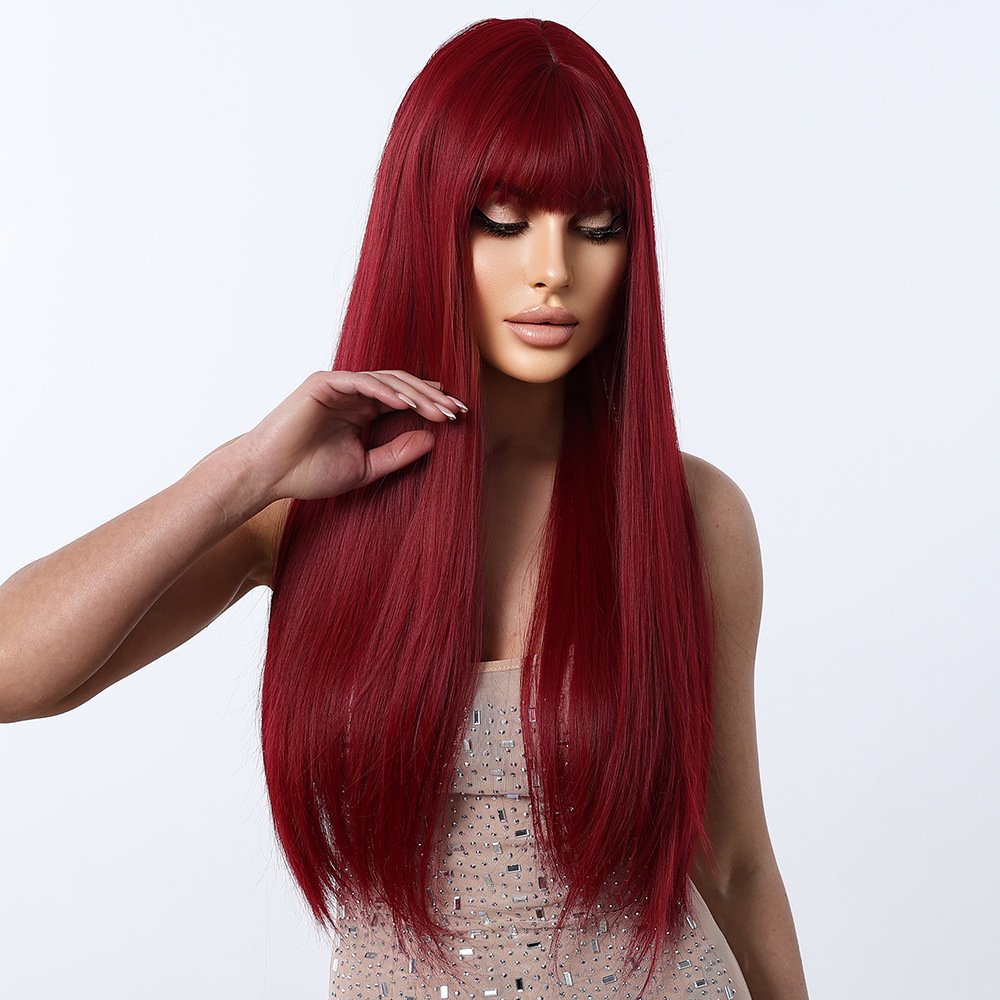 Red 26 Inch Straight Hair Shein with Long Bang - siarwg