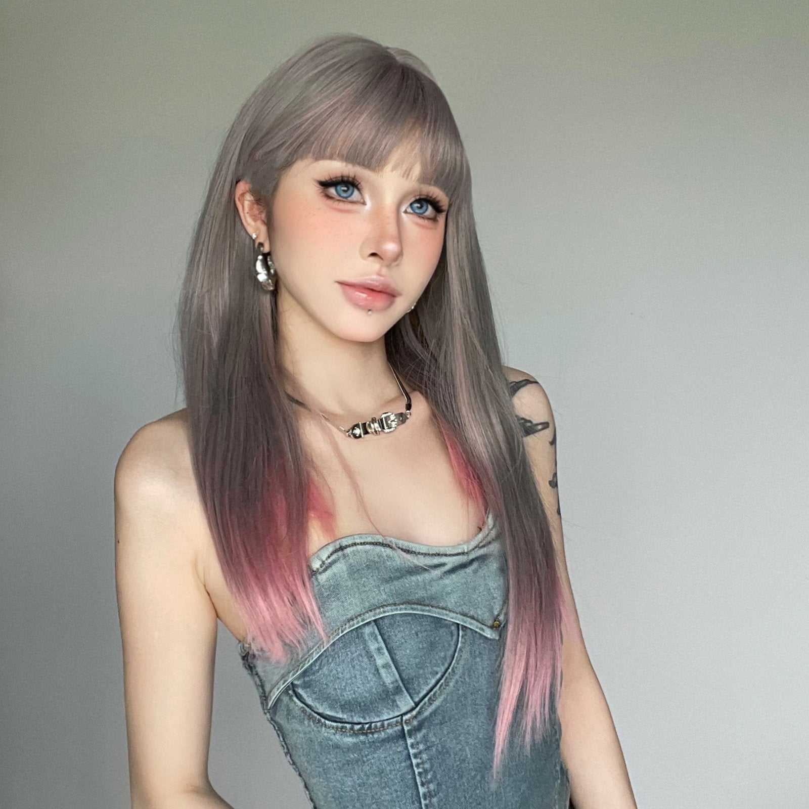 Gray-to-Pink Gradient Straight Wig with Bangs - siarwg