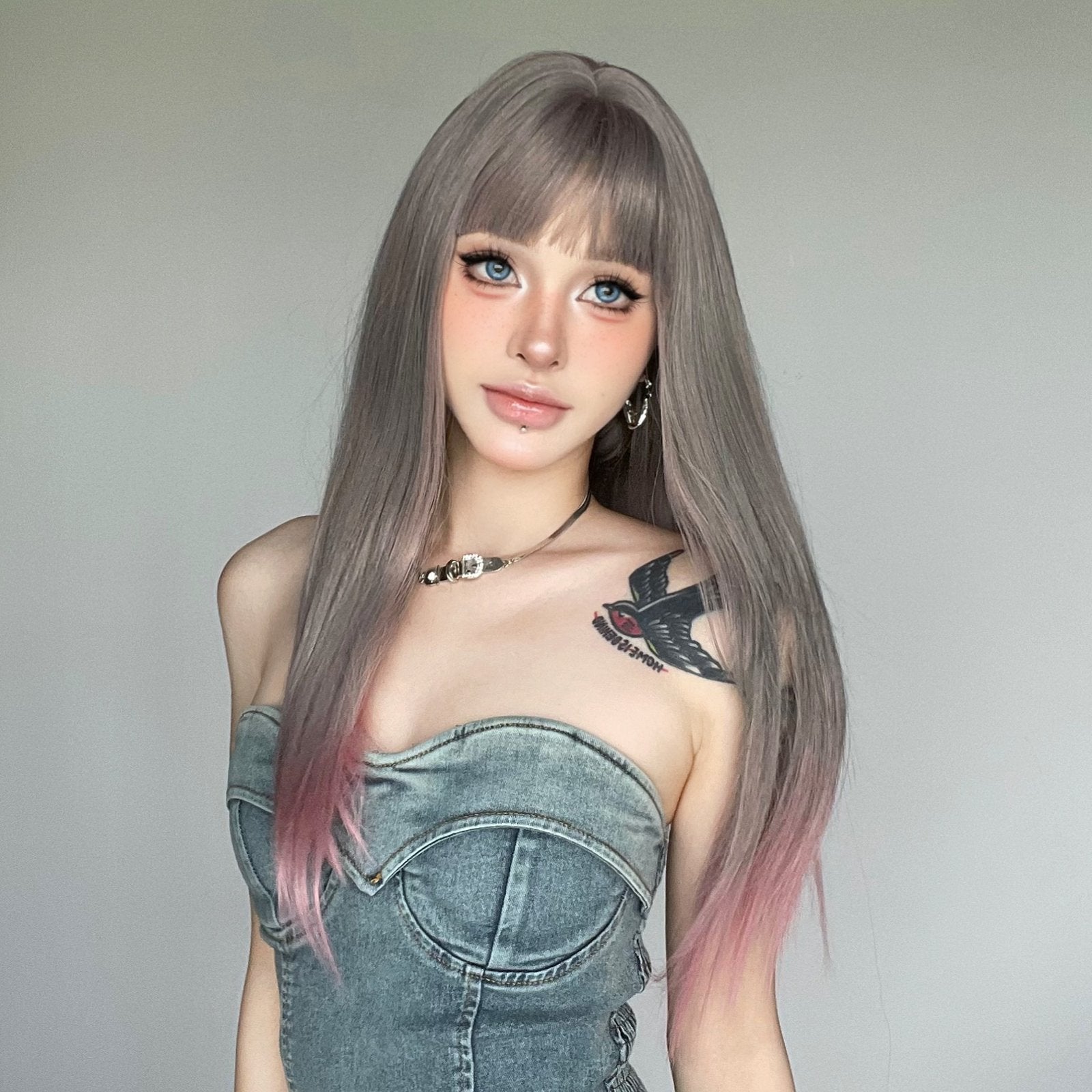 Gray-to-Pink Gradient Straight Wig with Bangs - siarwg