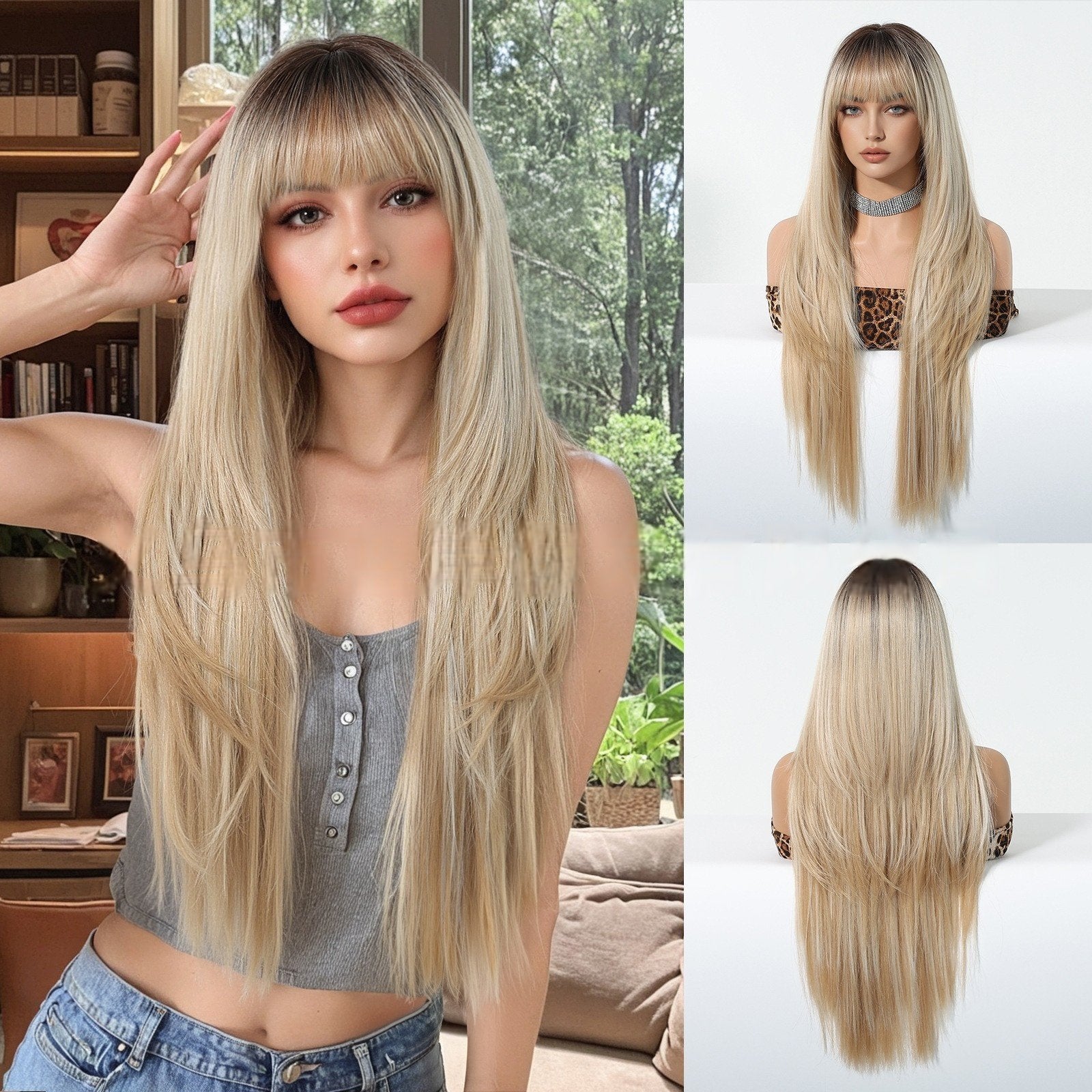 28" Silky Straight Hair with Air Bangs & Rose-White Gradation - siarwg