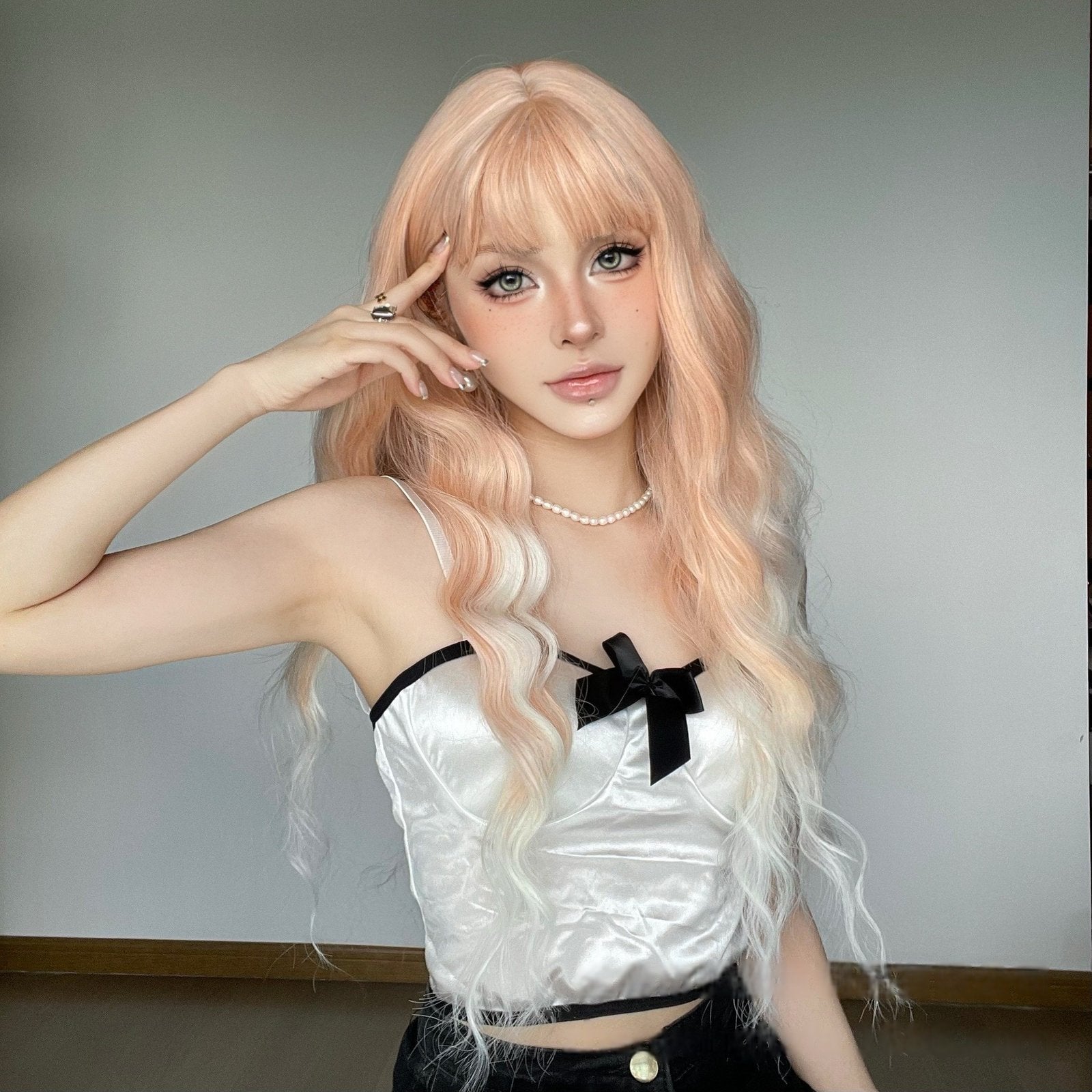 Lotus Pink Gradual Long Curly Hair with Red Air Bangs - siarwg
