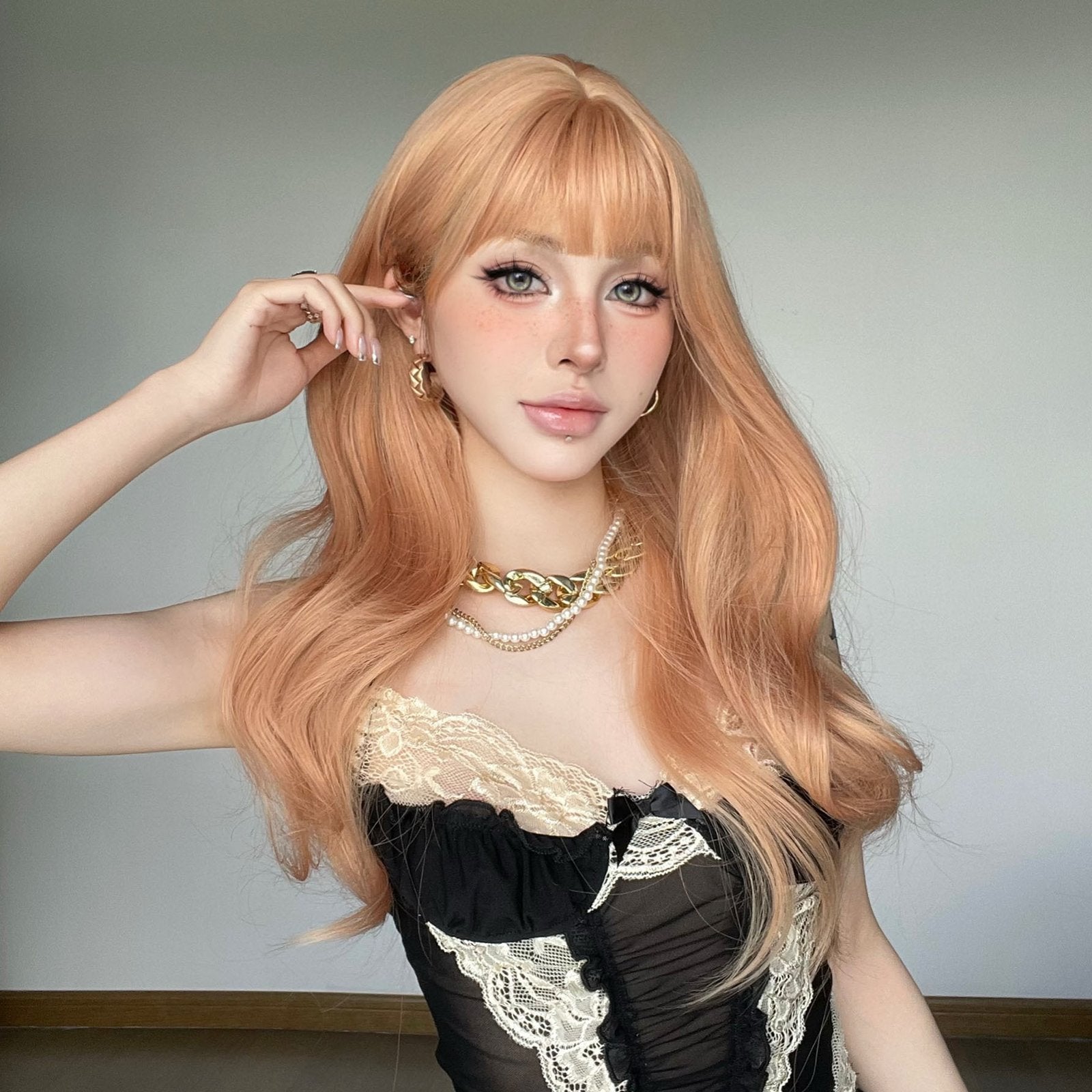 Orange Big Wave Long Curly Wig with Air Bangs - siarwg