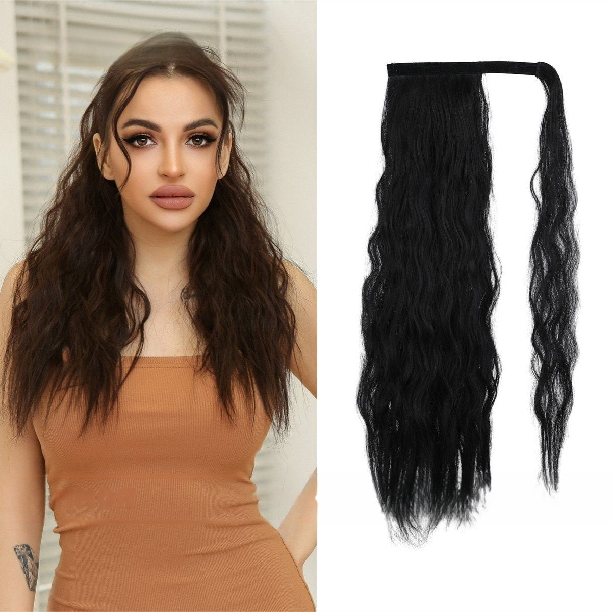 Adjustable Lace-Up High Ponytail with Water Ripple Curls & Voluminous Fluff - siarwg