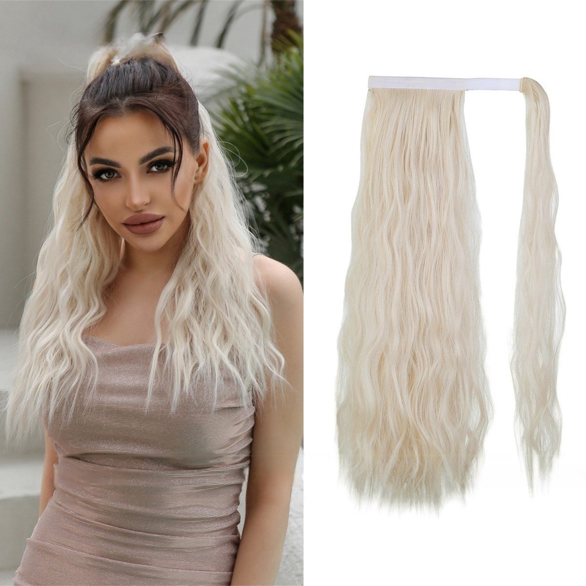 Adjustable Lace-Up High Ponytail with Water Ripple Curls & Voluminous Fluff - siarwg