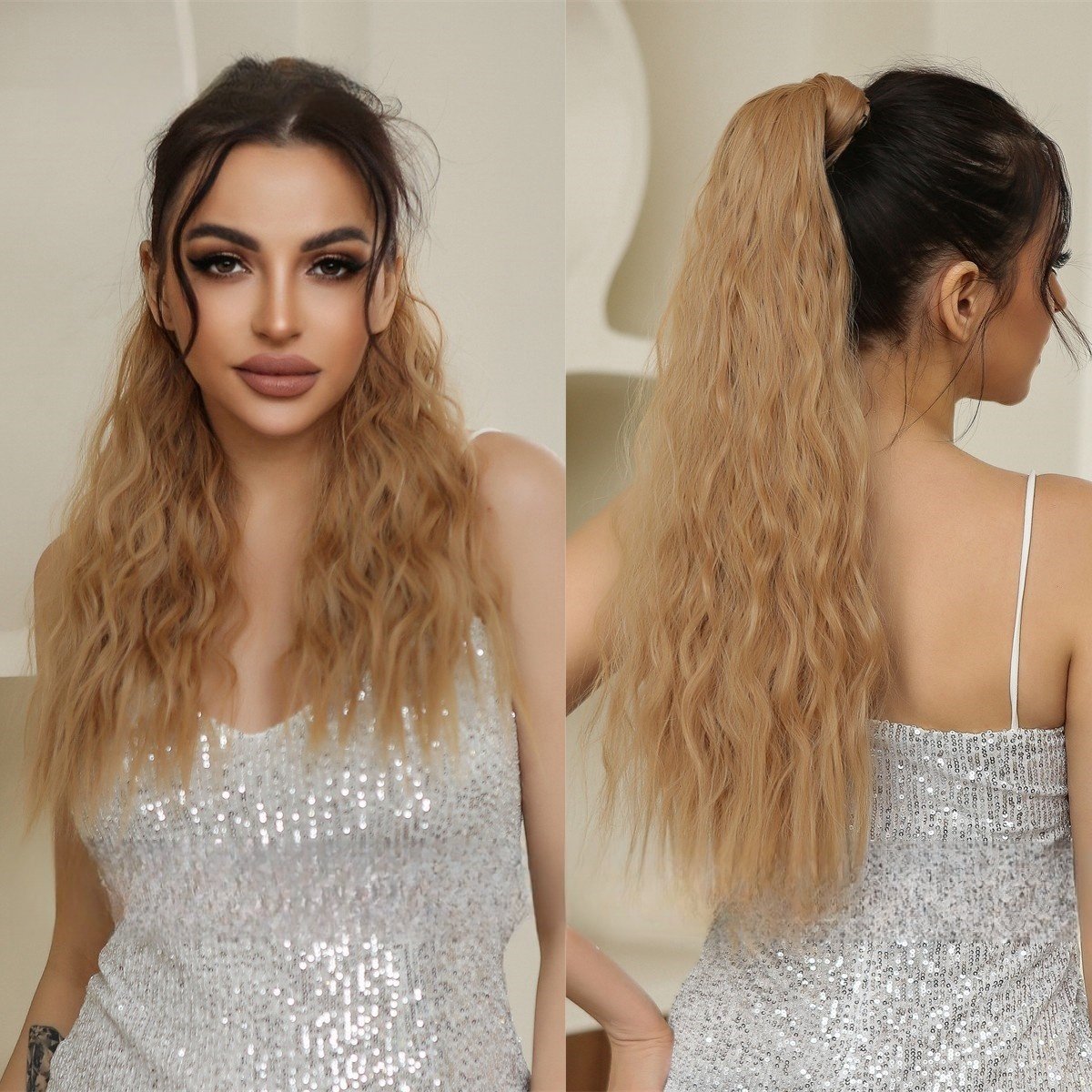 Adjustable Lace-Up High Ponytail with Water Ripple Curls & Voluminous Fluff - siarwg