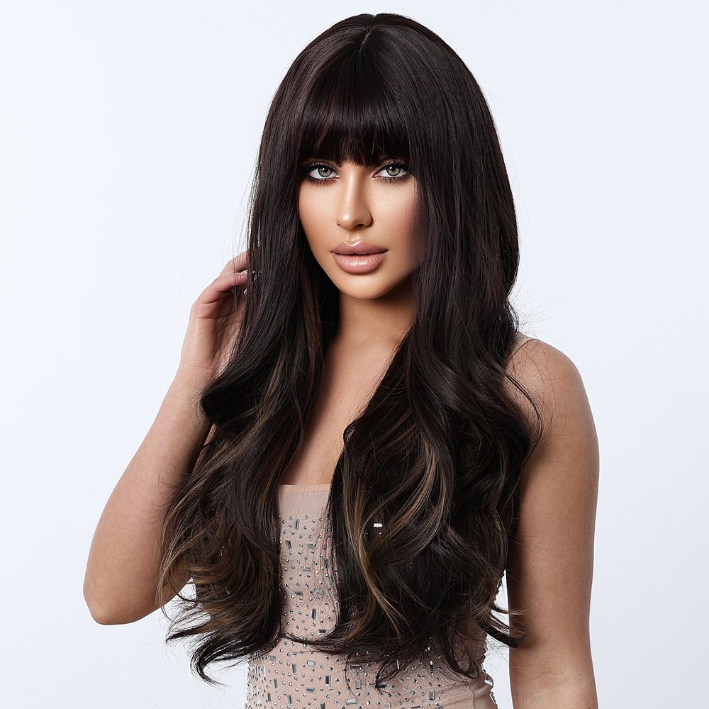 Black-to-Brown Curly Bangs Wig - siarwg