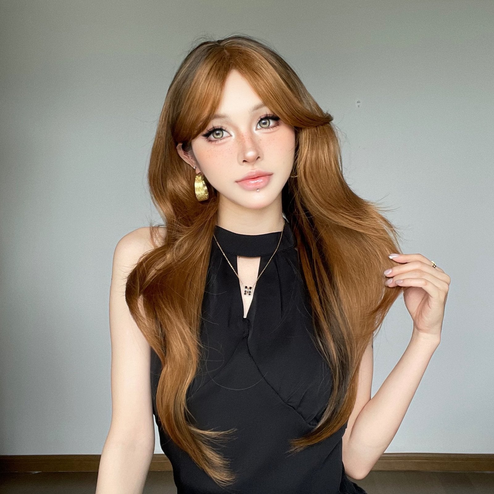 Gold Brown Long Curly Human Hair Wig - siarwg