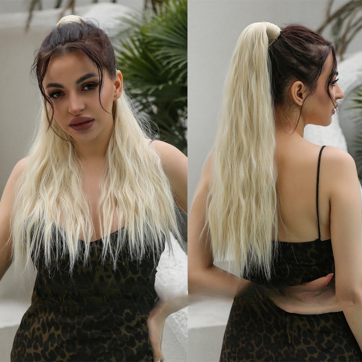 Adjustable Lace-Up High Ponytail with Water Ripple Curls & Voluminous Fluff - siarwg
