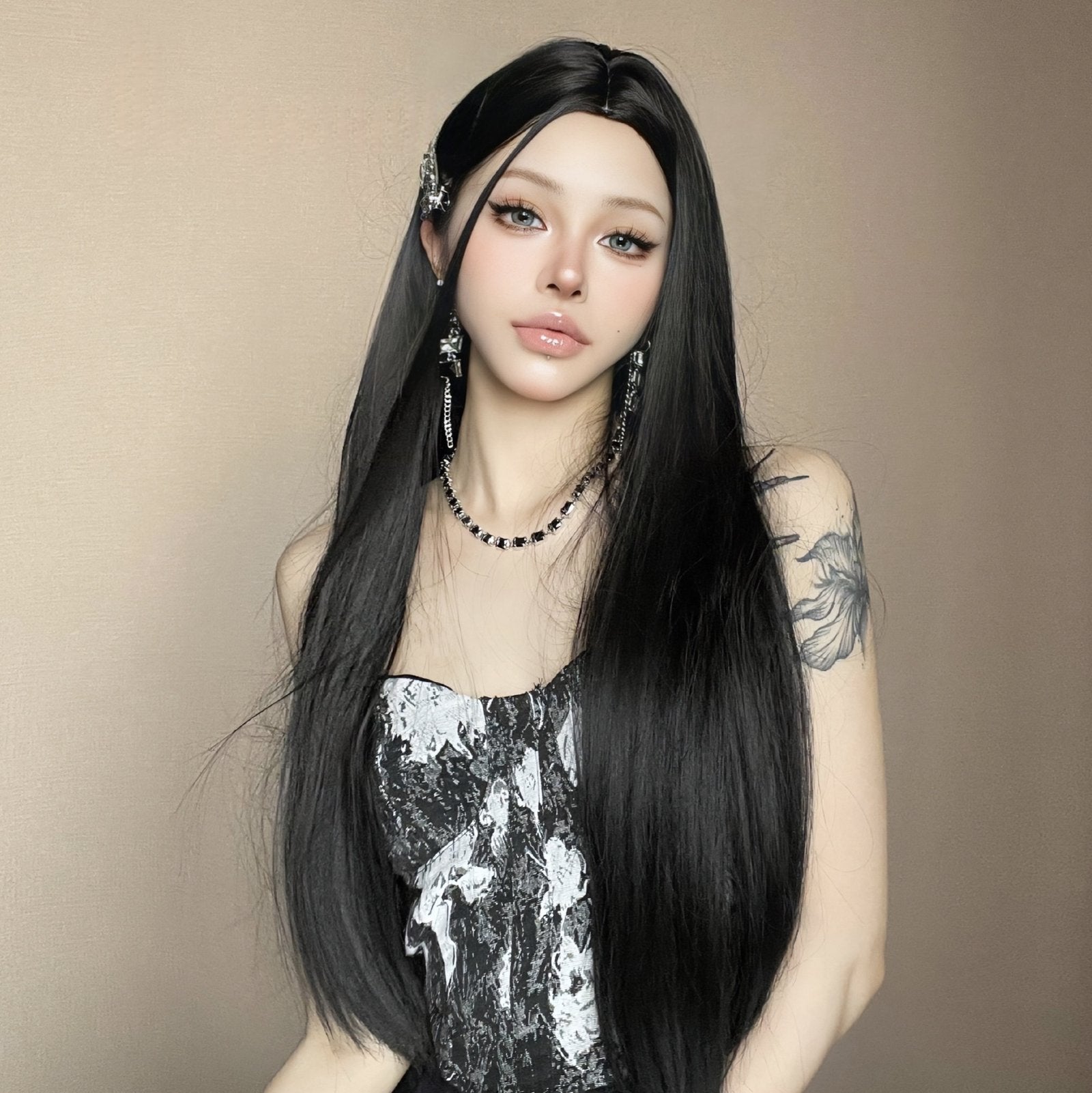 Full-Head Wig – Matte Black Long Straight Hair - siarwg