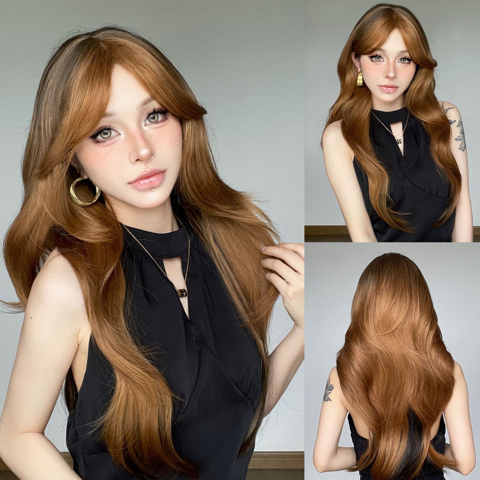 Gold Brown Long Curly Human Hair Wig - siarwg