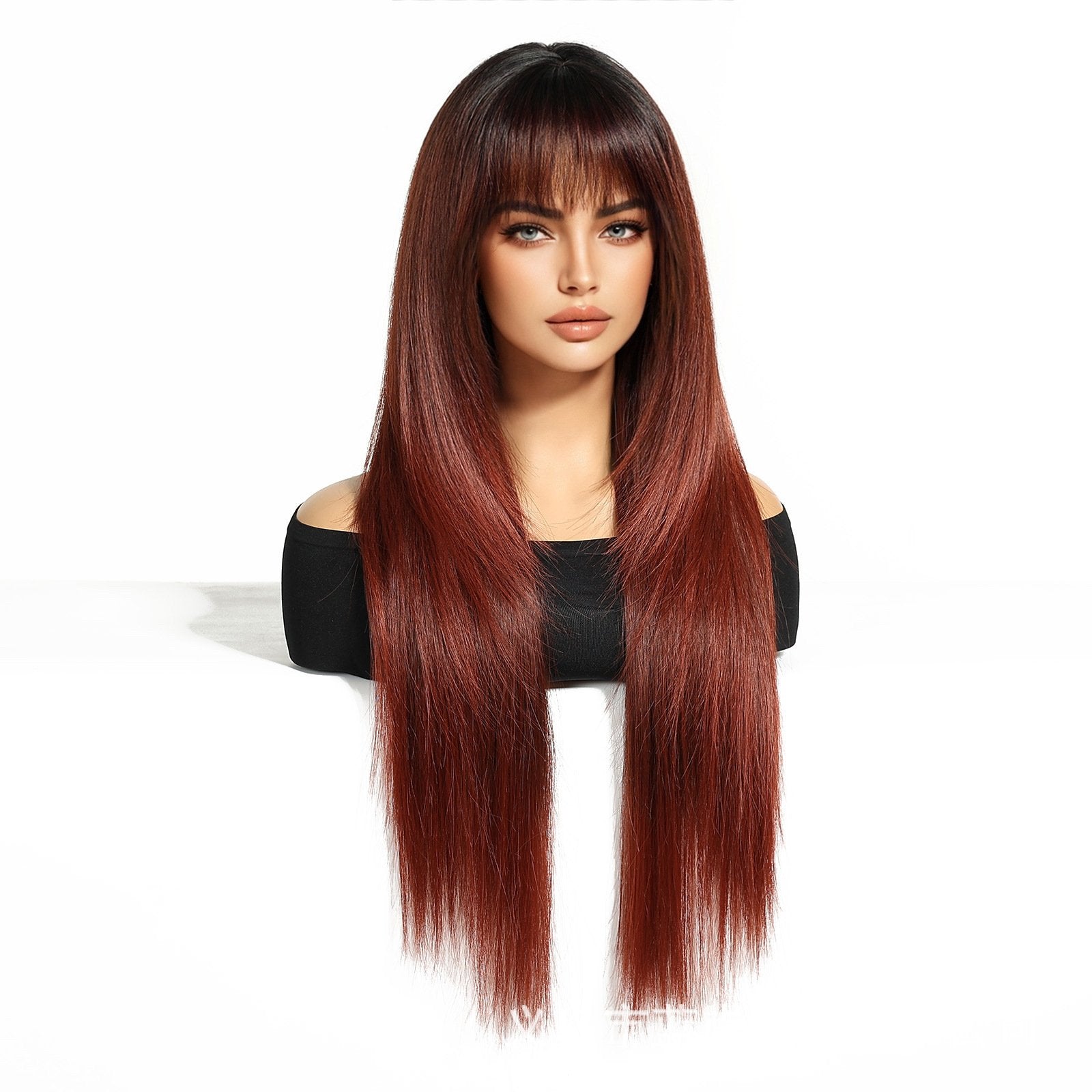 28" Silky Straight Hair with Air Bangs & Rose-White Gradation - siarwg