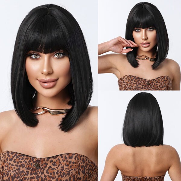 European and American daily wig short straight hair 14inch straight fringe black wig set full head set