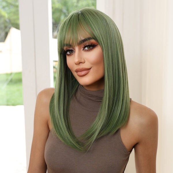 Wig Women's Green Daily Wig Head Set with Bangs Medium Long Straight Hair Tail Buckle, Medium Length, Straight Hair Design - Image 4