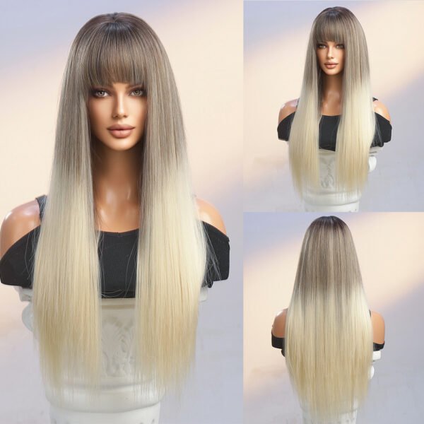 Goddess Wig Full Head European-Style New Straight Bangs Champagne Brown Long Straight Hair - Image 18