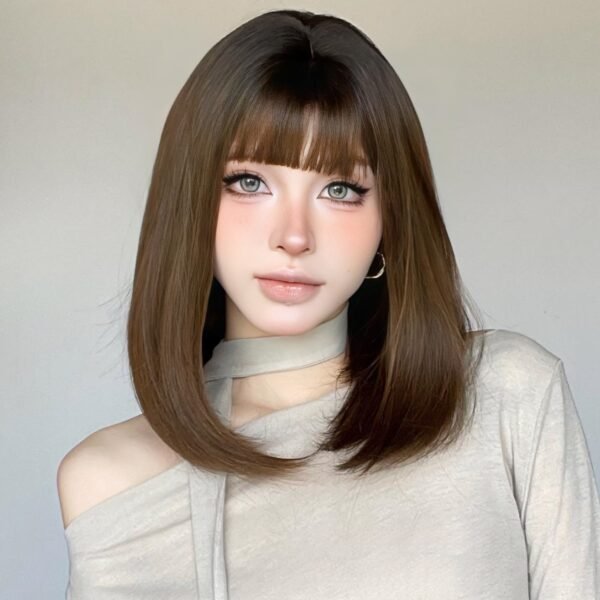 Wig Female Gradient Brown Bob Daily Clavicle Hair Micro Inside Buckle Student Bob Full Head Cover with Inside Buckle - Image 5